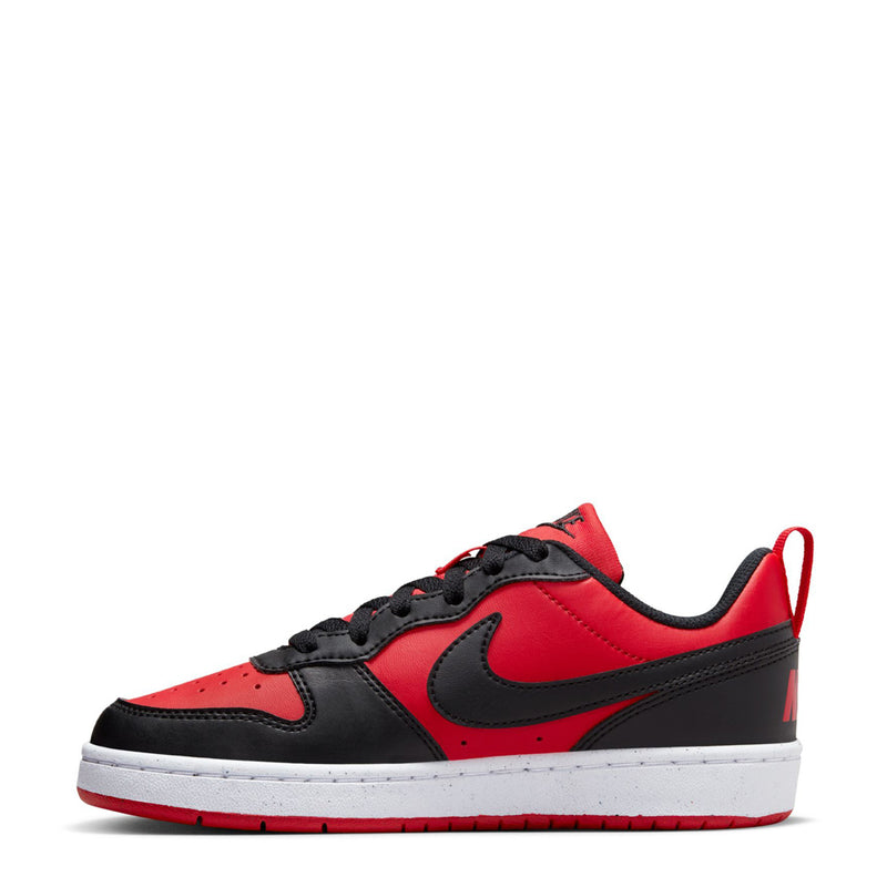 Youth low-top sneakers with red suede, black panels, and large black Swoosh