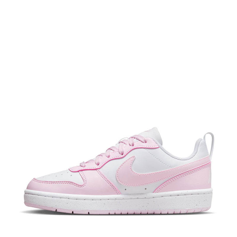 Youth low-top sneakers, pink-and-white colorway with lace-up front and side swoosh