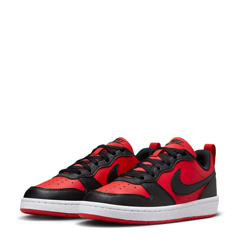 Pair of youth low-top sneakers in red and black with black Swoosh and white midsoles