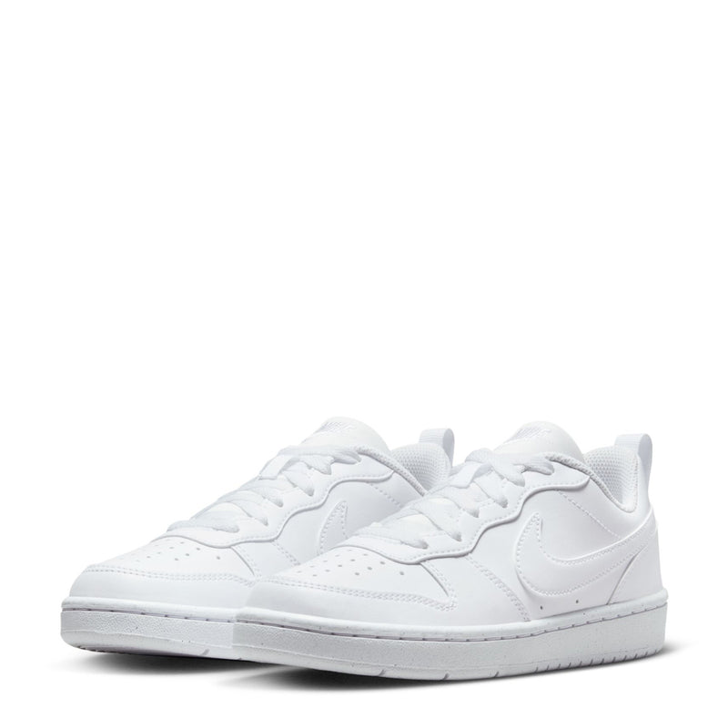 Youth white low-top sneaker, side-by-side toe view with laces
