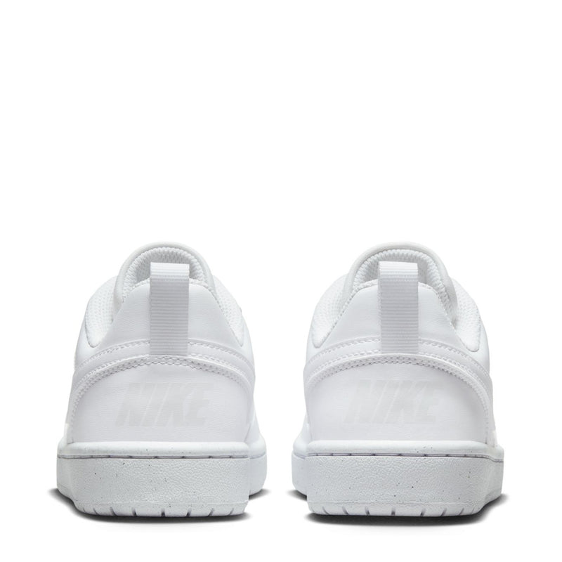 Youth white sneaker back view with heel tab and cushioned collar