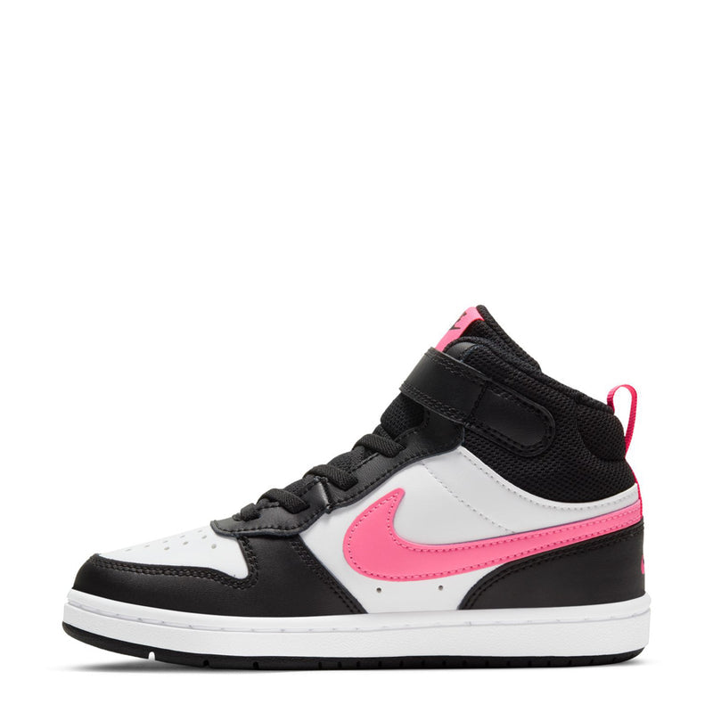 Kids lace-up mid-top sneakers in black with white toe and pink swoosh