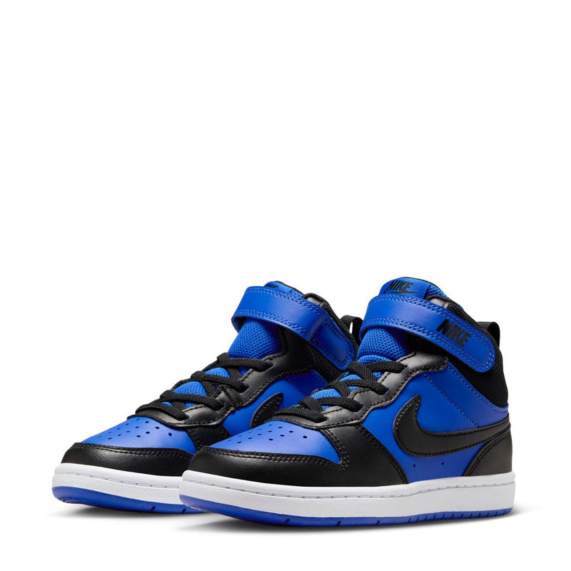 Kids mid-top sneakers, angled view, blue laces and double straps