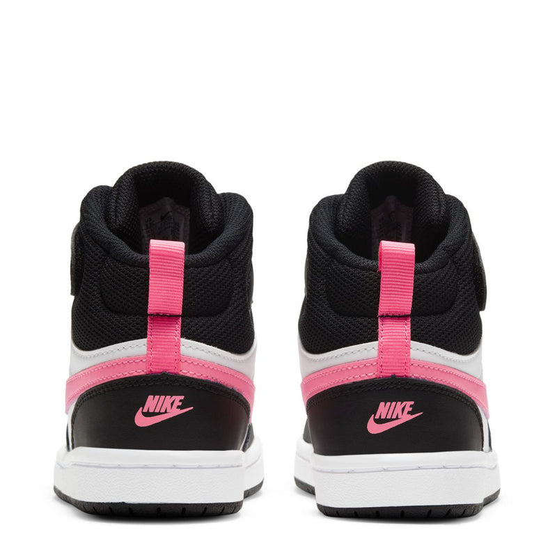 Kids back view mid-top sneakers in black with pink heel strap and white sides