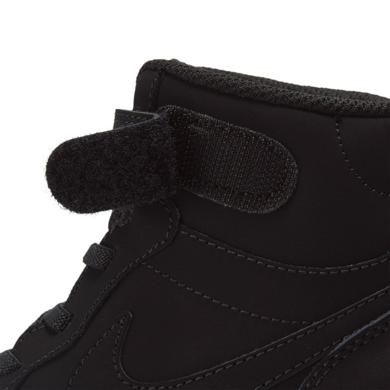 Kids black mid-top sneaker ankle strap with fuzzy collar lining, lace and stitching detail