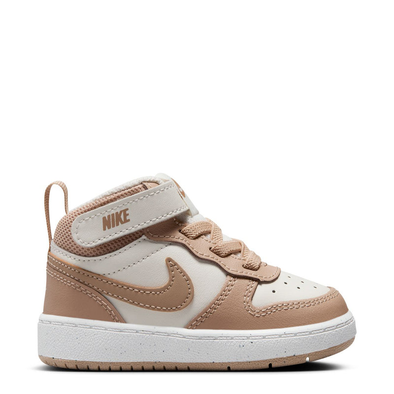Toddler mid-top sneakers in pale ivory, tan and brown with Nike swoosh