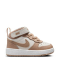 Toddler mid-top sneakers in pale ivory, tan and brown with Nike swoosh