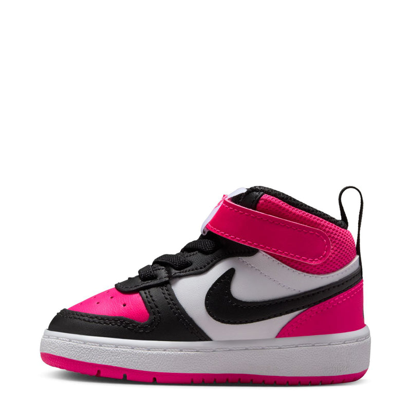 Toddler mid-top sneakers, side view: white, black, fierce pink strap and Nike swoosh