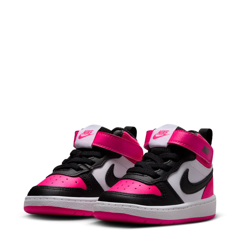 Toddler mid-top sneakers, front view: white, black, fierce pink with Nike swoosh