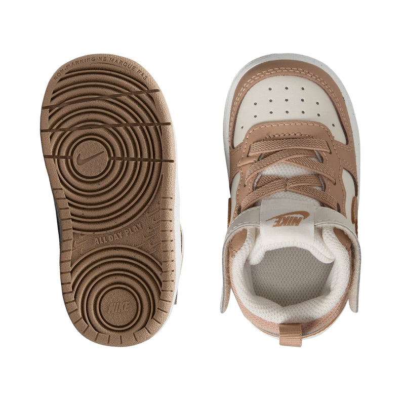 Toddler sneakers outsole and inside view, pale ivory with tan upper
