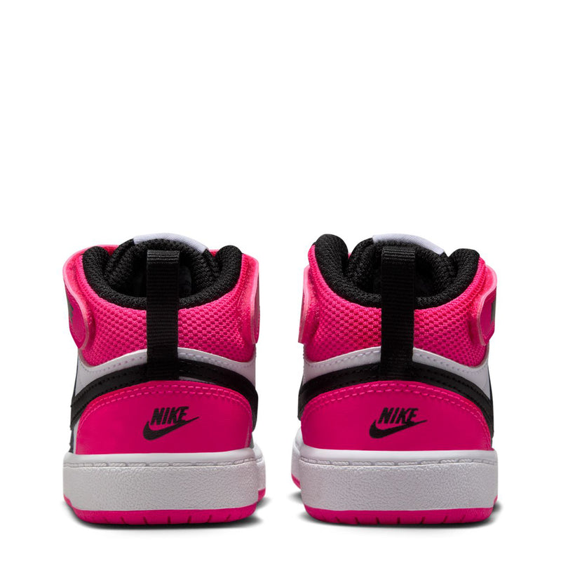 Toddler mid-top sneakers back view: fierce pink heel panels with Nike logos and laces