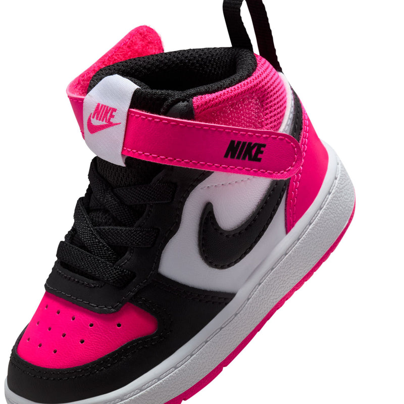 Toddler mid-top sneakers angled: fierce pink toe and heel, black laces, white swoosh