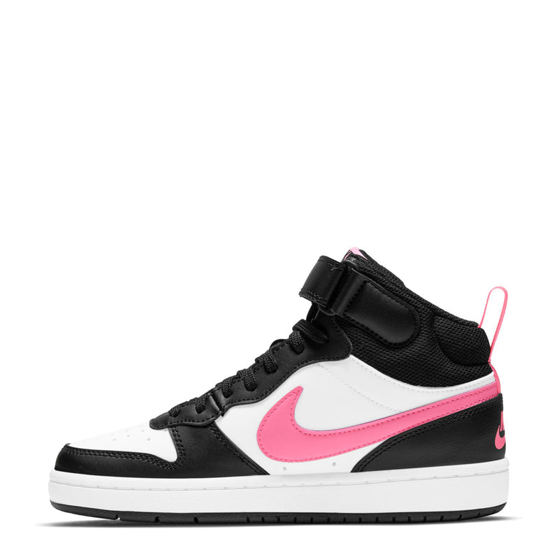 Youth mid-top sneakers side view in black, white, and pink with Nike swoosh
