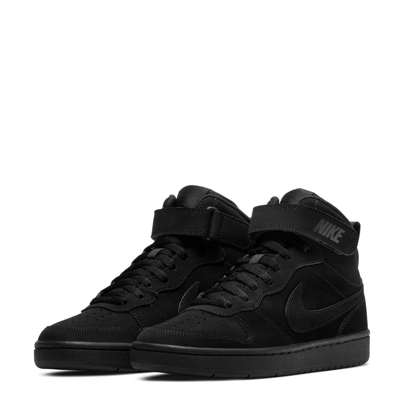 Pair of black youth mid-top sneakers with lace-up uppers and Nike Swoosh branding