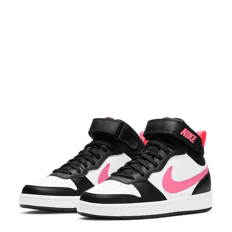 Youth mid-top sneakers pair view in black, white, and pink with Nike swoosh