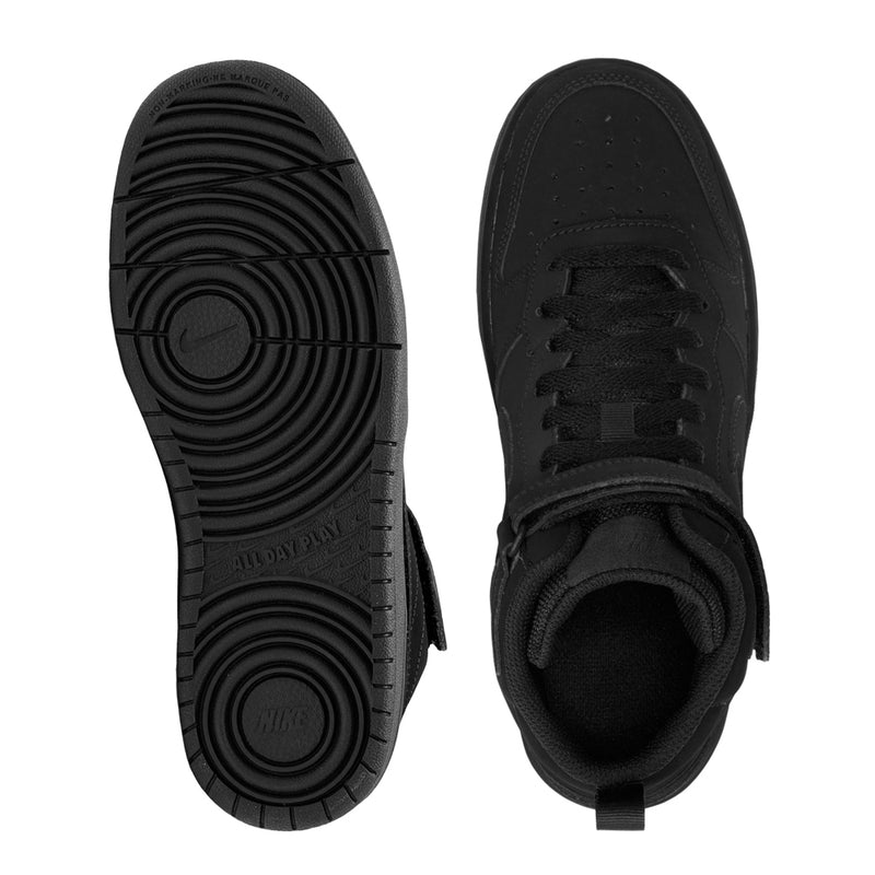 Black youth sneaker outsoles and toe view, textured traction tread and lace-up front