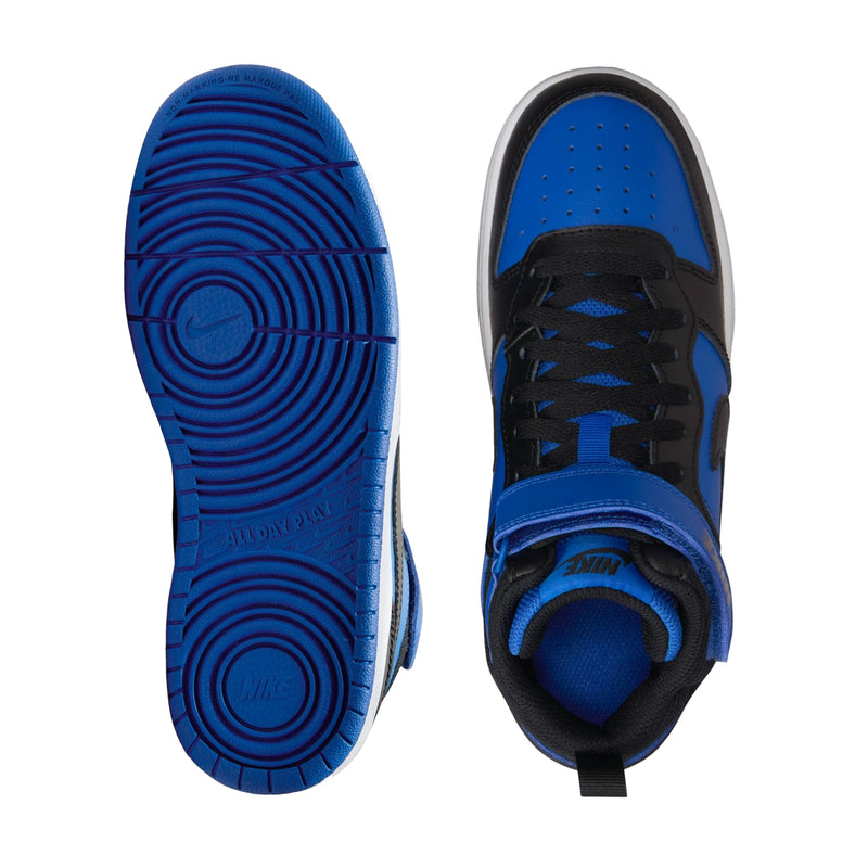 Mid-top youth sneakers outsole and heel view, royal blue outsole, black upper