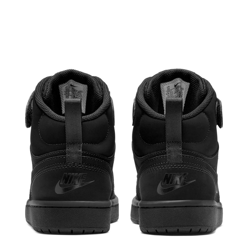 Black youth mid-top sneakers from heel view with back tab, cushioned collar