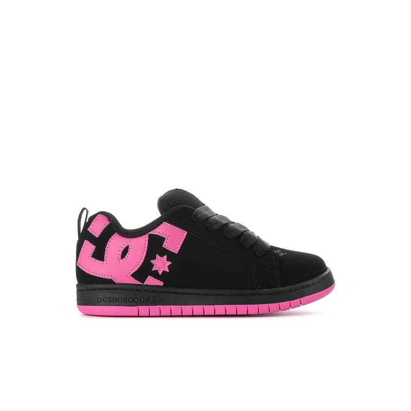 Kids low-top sneakers, black with pink DC logo star and pink outsole trim