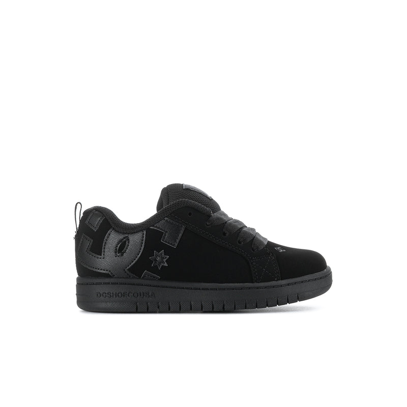 Kids black low-top sneakers with lace-up closure and logo detail