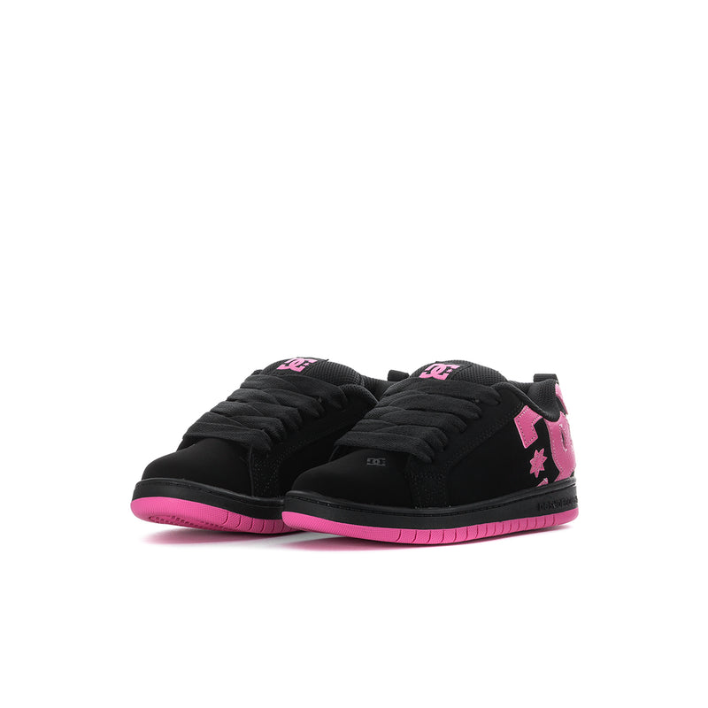 Kids low-top sneakers with padded black upper, pink star accents, hook-and-loop strap