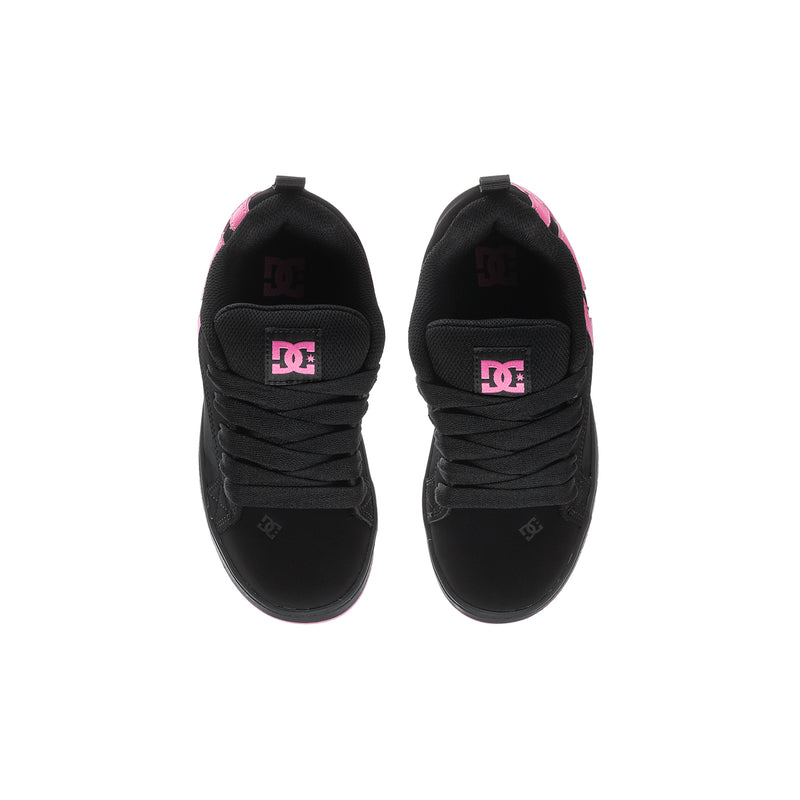 Kids low-top sneakers, black with pink DC badge on tongue and heel