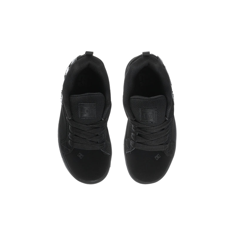Kids black sneakers, front view with lace-up and padded collar