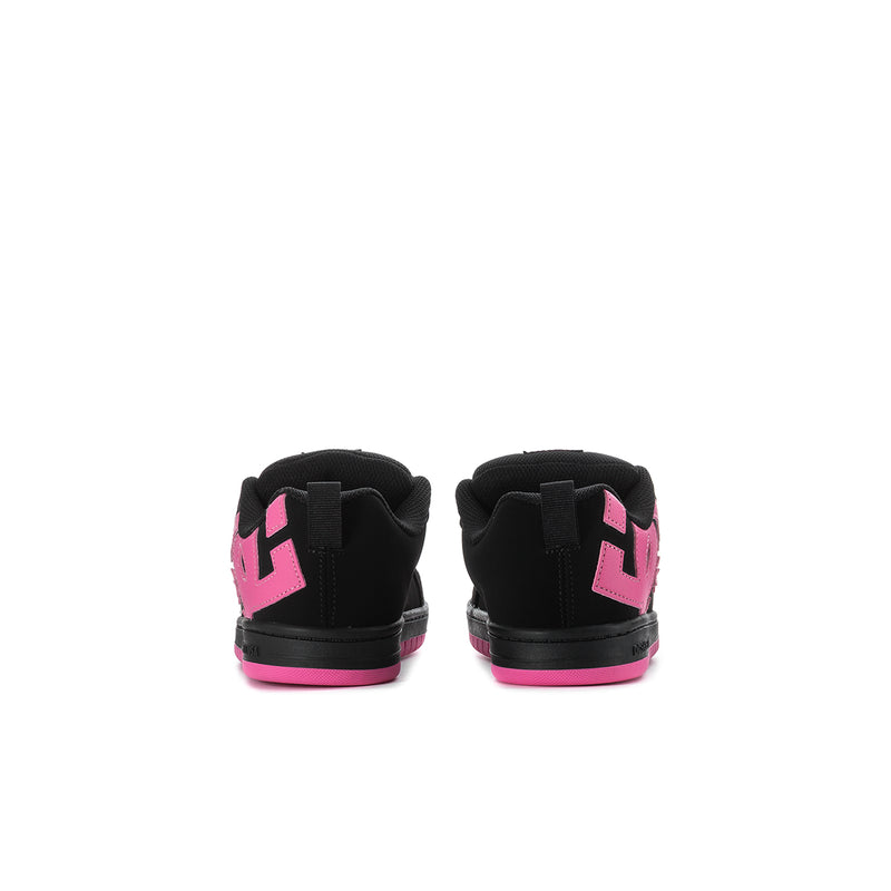 Kids low-top sneakers, black with pink heel tab and side logo