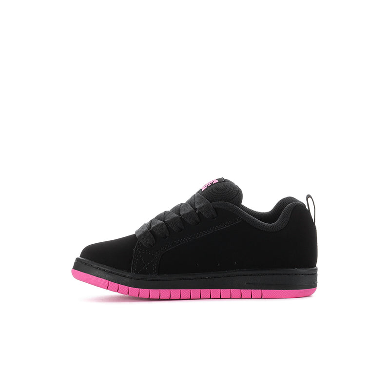 Kids low-top sneakers, black lace-up with pink outsole and subtle star detail