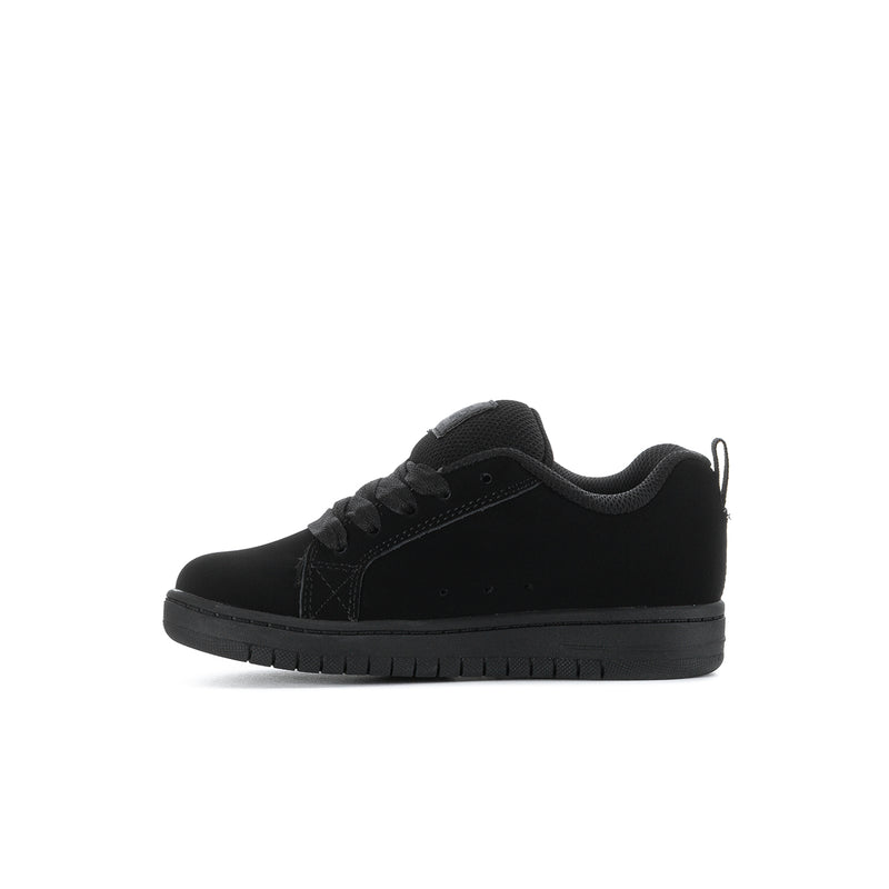 Kids black low-top sneakers, angled side profile with logo detail
