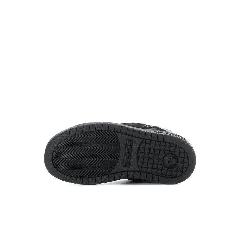 Kids black sneakers, rubber outsole tread with traction pattern