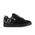 Black low-top lace-up sneakers with patterned side panel and flat rubber sole.