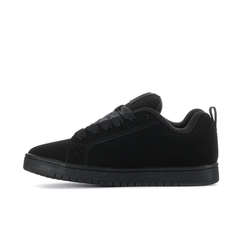 Black low-top lace-up sneakers with smooth toe and flat rubber sole.