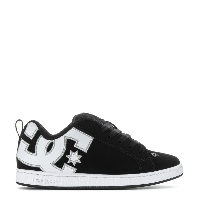 Black and white women's court sneakers with DC star logo and white side panels