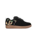Youth black low-top skate shoes with camo side patch and gum rubber sole