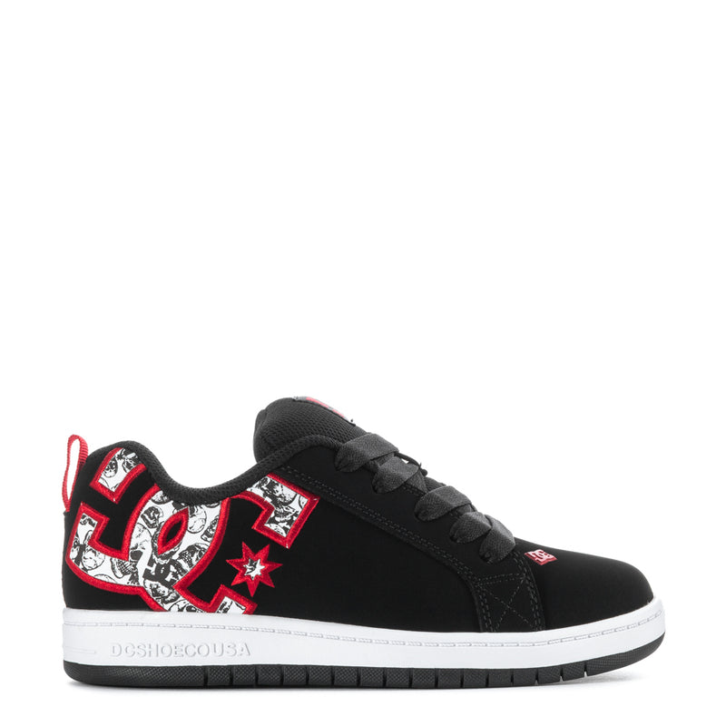 Youth black low-top sneaker with red and white graphic panels, lace-up