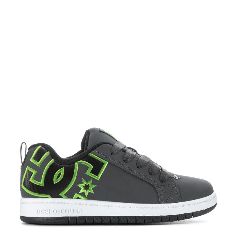 Youth court sneakers in dark grey with neon green graphic heel and side logo star