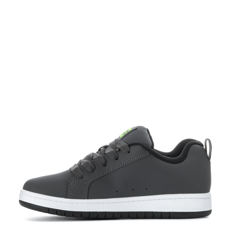 Youth court sneakers in dark grey with neon green logo accents and white rubber sole