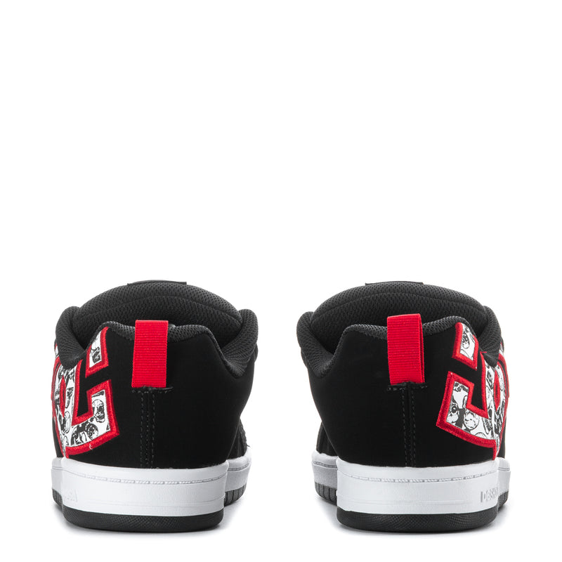 Youth black low-top sneakers with red heel tab and red/white back graphic