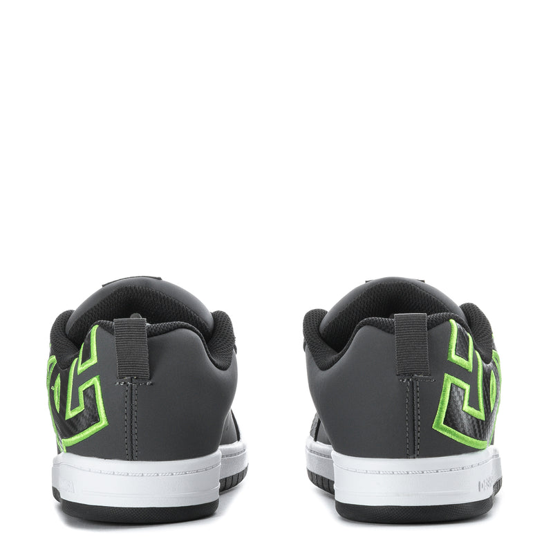 Youth court sneakers back view, dark grey with neon green heel graphics and white midsoles