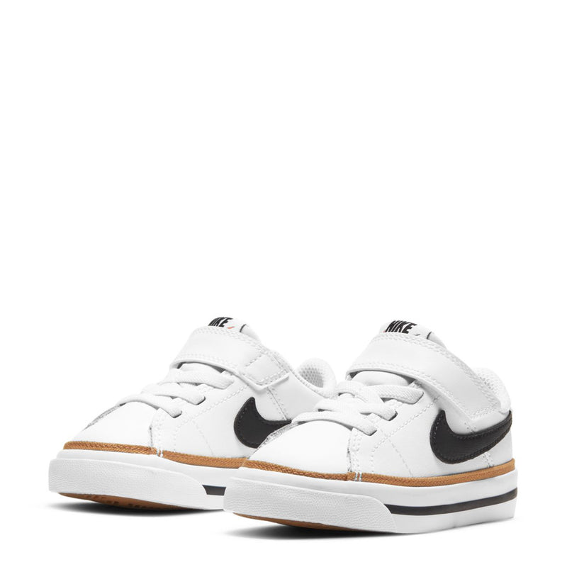 Toddler court sneakers, white with black swooshes and tan midsoles