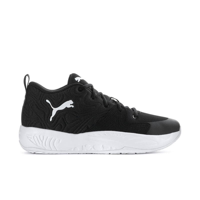 Men's black low-top sneakers with white PUMA logo and textured side panel