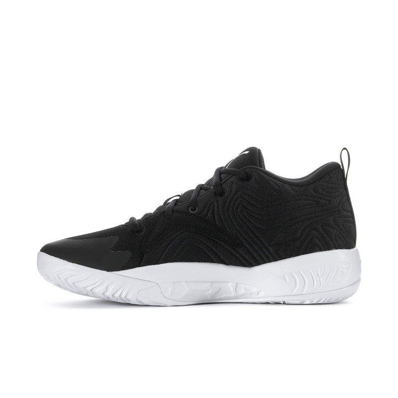 Men's black low-top sneakers angled side view with white midsole and PUMA logo