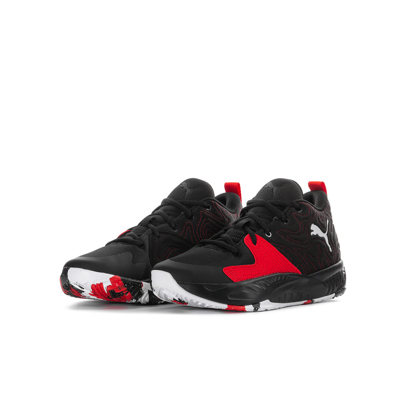 Youth basketball shoe pair, black-and-red design with lace-up and Puma mark.