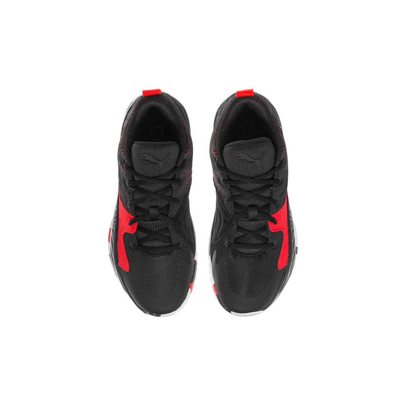 Youth basketball shoe, black upper with red side panels and lace-up closure.
