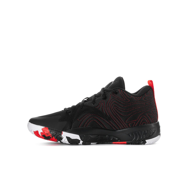 Youth basketball shoe, black with red stripe detail, low-cut lace-up silhouette.