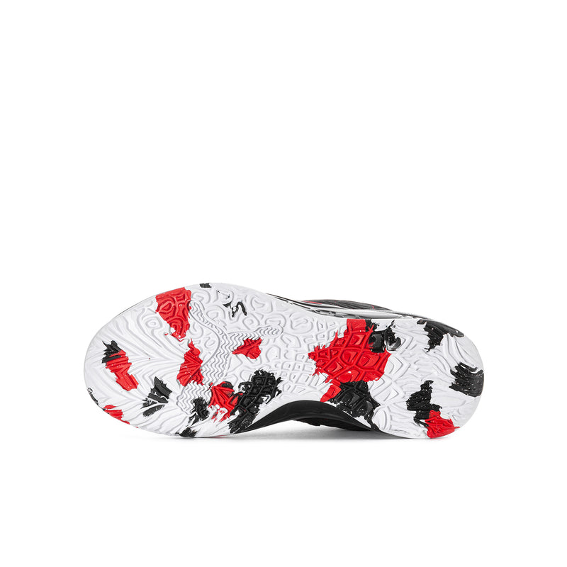 Youth basketball shoe outsole, white traction with red and black patterned grip.