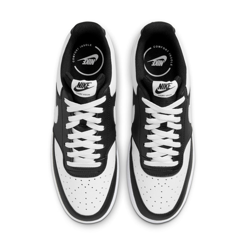 Men's low-top sneakers, black and white, showing laces and tongue branding.