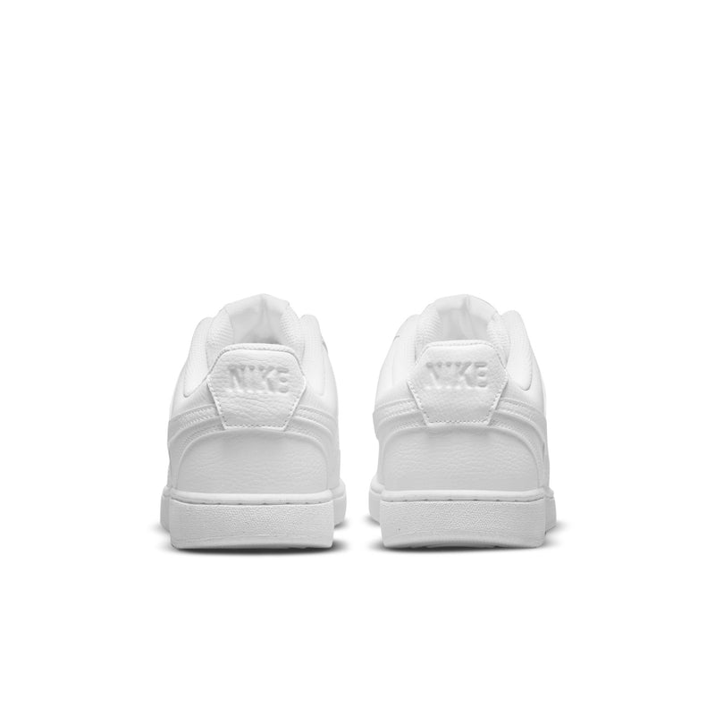 Pair of white low-top sneakers, heel view with Nike branding and pull tab