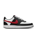 Women's low-top sneakers in black, white, and red with swoosh and lace-up.